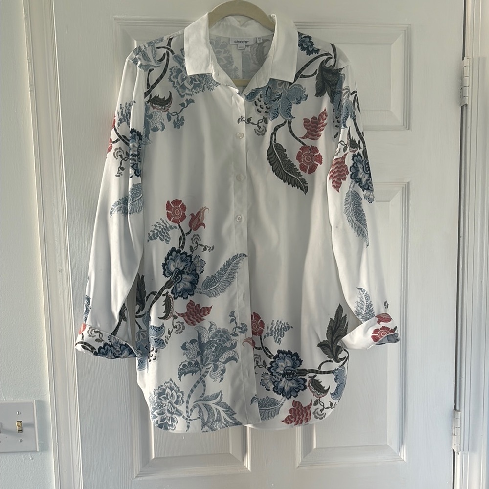 Chico’s White and Blue Casual Button Down Shirt with Floral Print